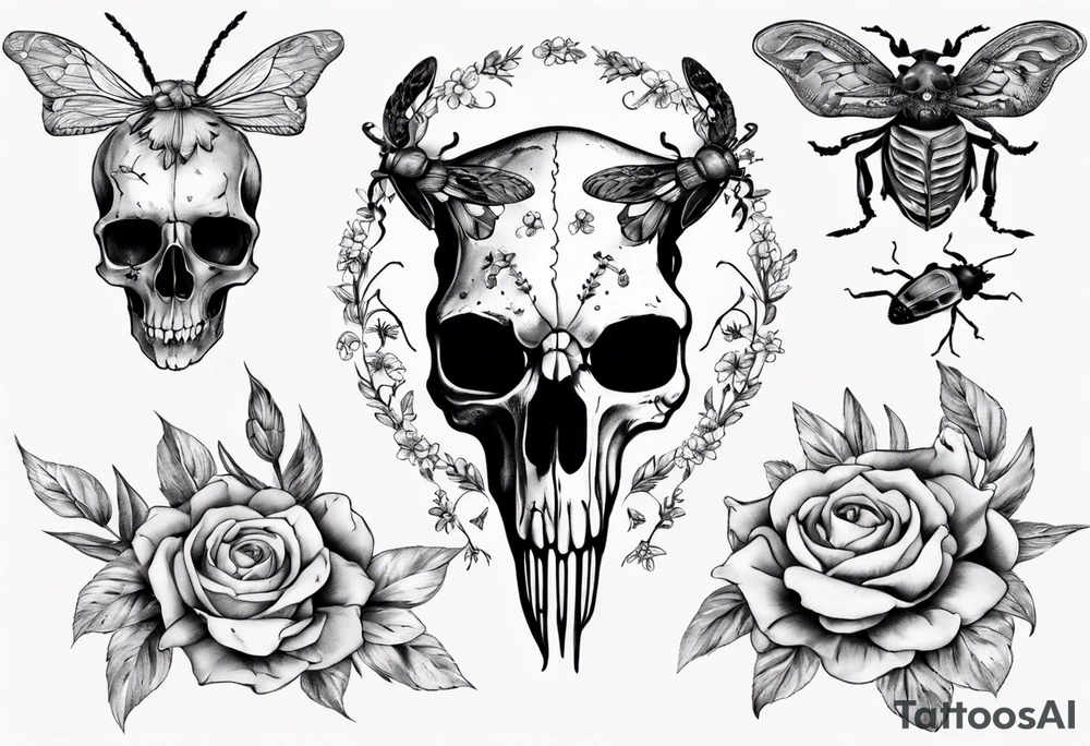 Animal skull with flowers and bugs around it tattoo idea