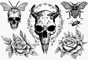 Animal skull with flowers and bugs around it tattoo idea