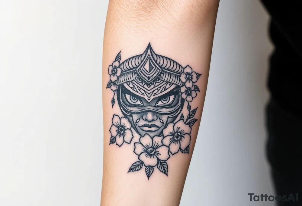 Saramarau women eyes warrior With cherry blossom around tattoo idea