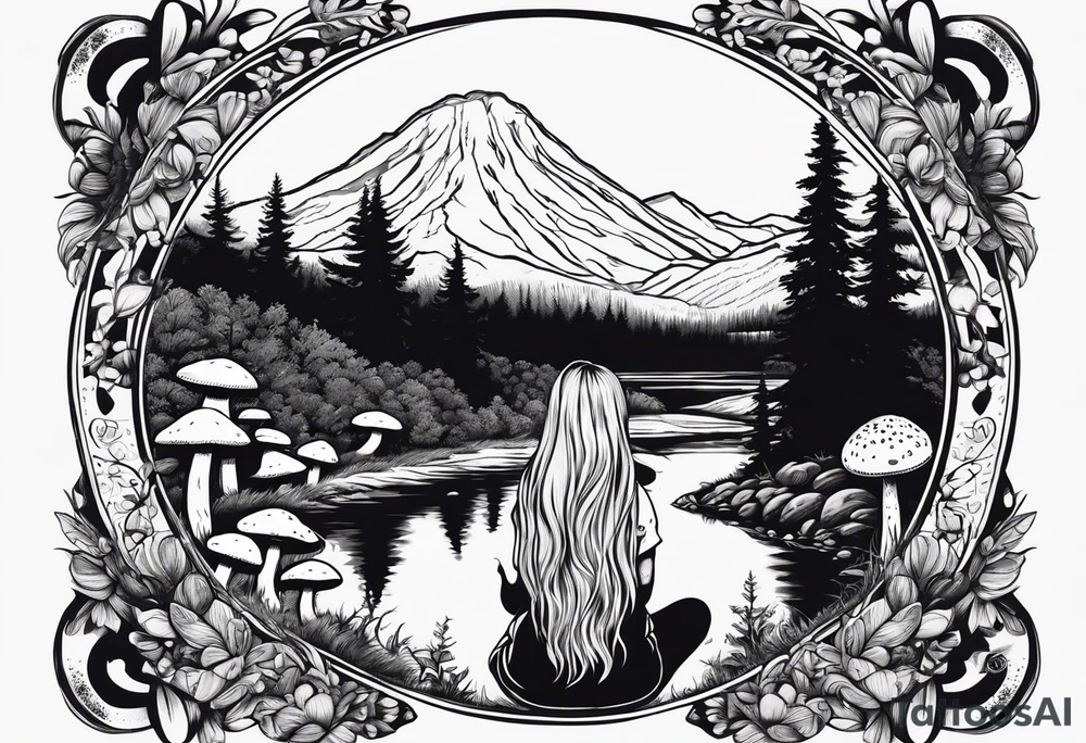 Whole picture encircled fully

Straight long blonde hair hippie girl in distance holding mushrooms in hand facing away toward mountains and creek surrounded by mushrooms tee shirt and hiking pants; whole rendering within a full circle, no cut off circle tattoo idea