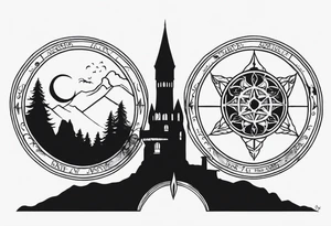 Lord of the rings main with Harry Potter mashup but clear independent visual symbolism of both movies. Small and minimal. Movies not books tattoo idea