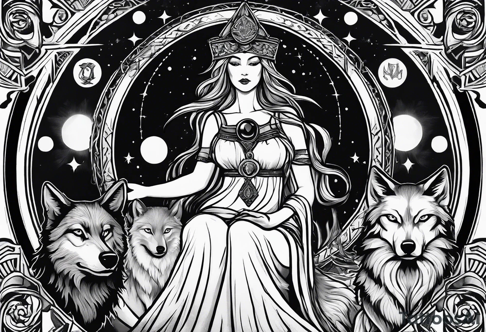 Hecate, goddess of magic and witchcraft in a tarot card with two wolves and symbols tattoo idea