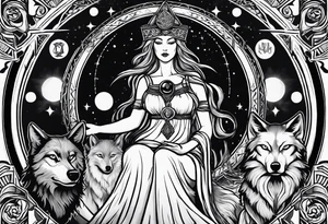 Hecate, goddess of magic and witchcraft in a tarot card with two wolves and symbols tattoo idea