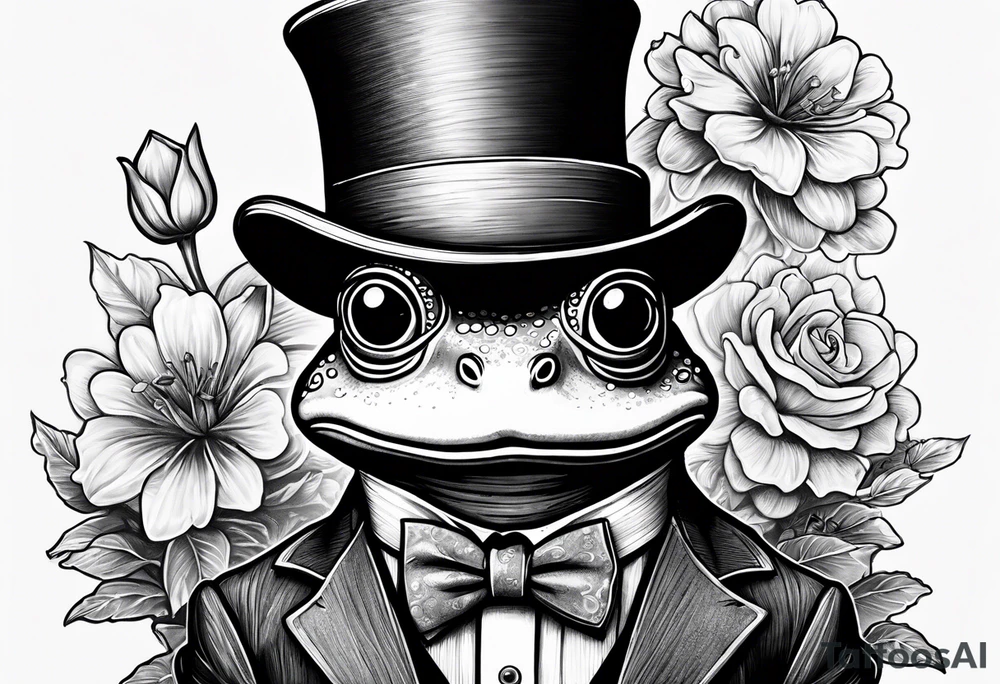 Cute Frog wearing top hat and a suit standing on its Back legs while holding flowers tattoo idea