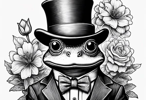 Cute Frog wearing top hat and a suit standing on its Back legs while holding flowers tattoo idea