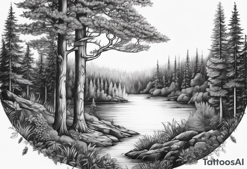 Small dainty detailed forest tree tattoo idea