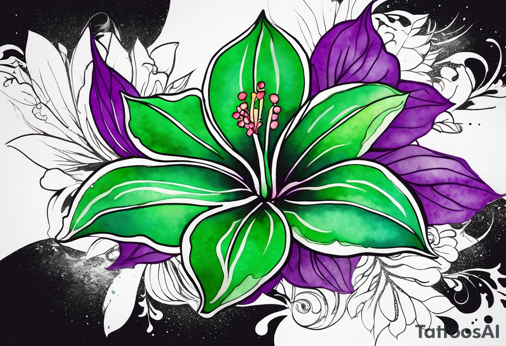 A mystical outline of a green and purple rio dipladenia flower and a green and purple watercolor splash in the background tattoo idea