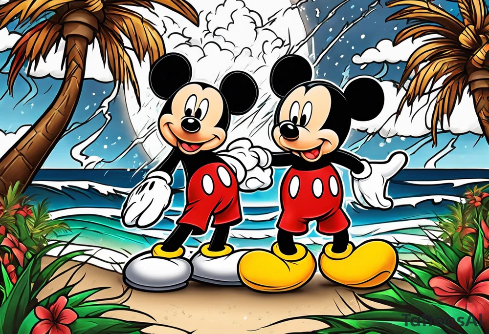 mickey mouse in a lightning storm with palm trees and the celtic symbol for family tattoo idea