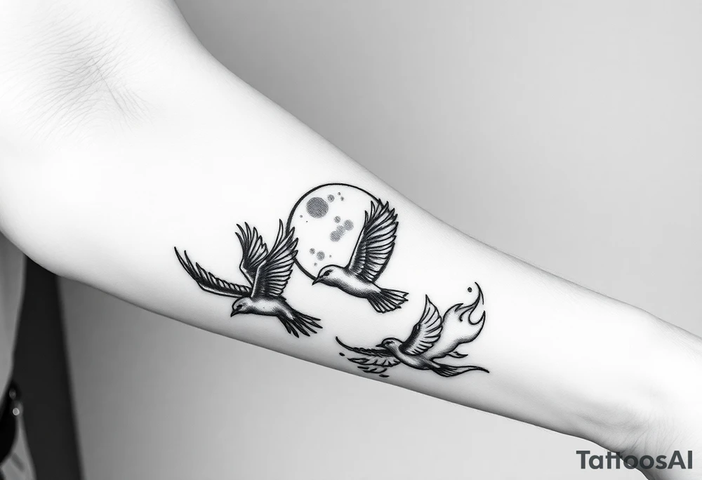 5 birds, the moon, flying, flames as filler tattoo idea