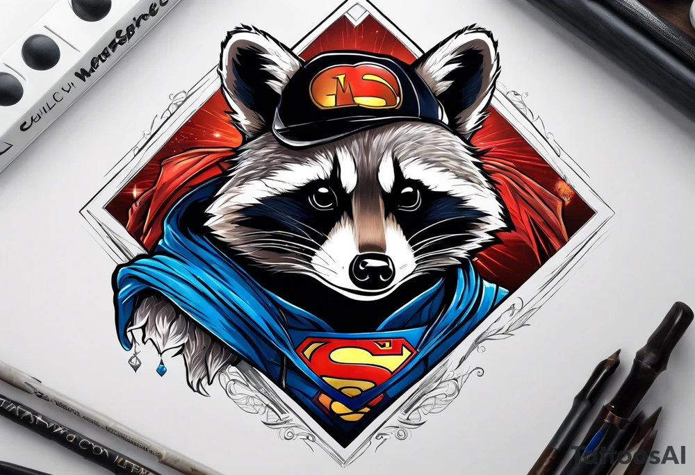 raccoon wearing a Superman hoodie tattoo idea