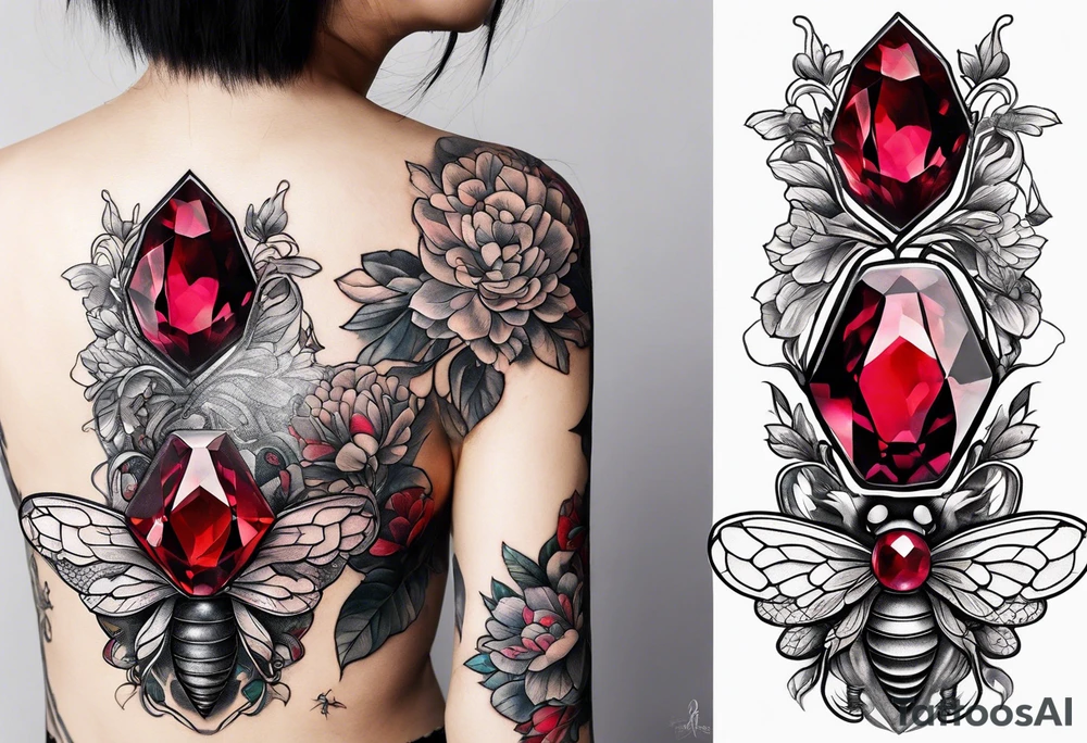 A forearm tattoo of a ruby gemstone and a honey bee tattoo idea