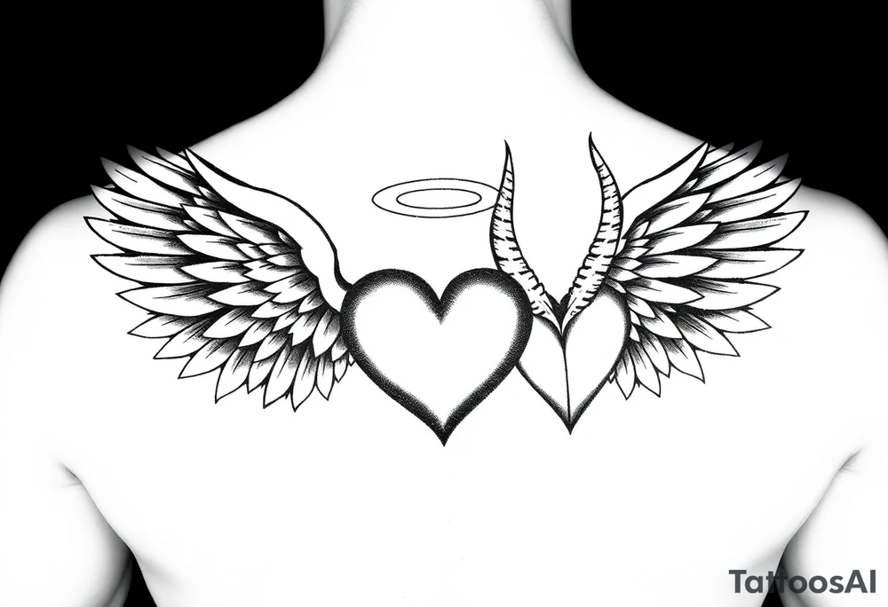 a tribal designed good versus evil inspired black and white of two wings with two hearts in the middle; have the angel tribal wing and angel heart with floating halo above the angel heart to be facing top to bottom, and on the opposite there is a demon heart upside down complete with connected demon horns on the demon heart with a tribal demon wing, the two hearts should only connect with one line from the bottom of one heart to the bottom of the other heart tattoo idea