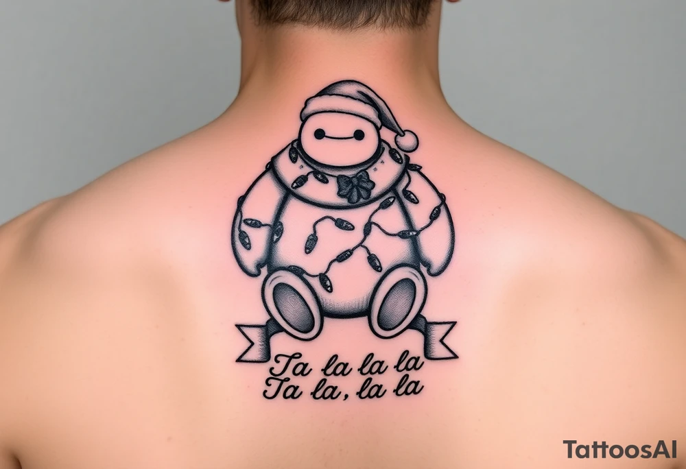 Disney Christmas themed sitting Baymax  wrapped up in Christmas lights and Santa hat with banner at bottom with "Fa-la-la-la-la" in script tattoo idea