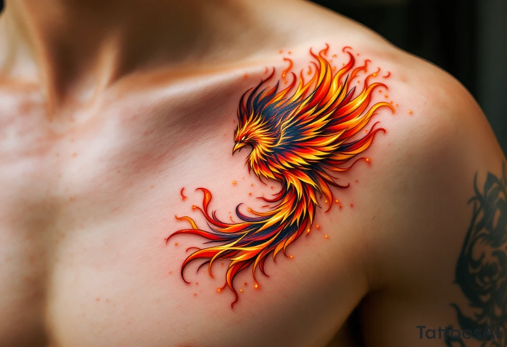 A majestic phoenix rising from swirling golden flames, its feathers a brilliant mix of fiery red, deep orange, and shimmering gold. Its wings extend with elegant curves, forming a protective arc, while embers and glowing sparks trail behind, representing rebirth and resilience. tattoo idea