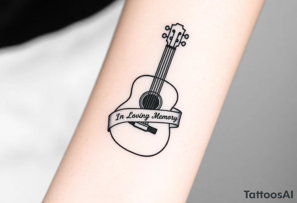 Accustic Guitar with ribbon wrapped around with In Loving Memory tattoo idea