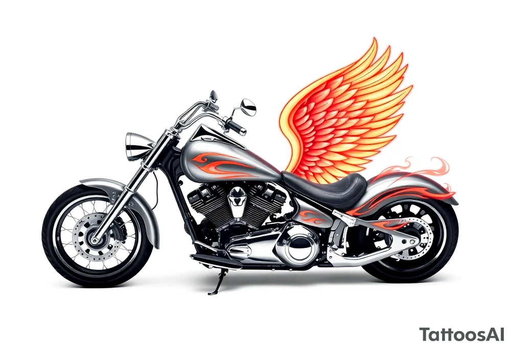 Low rider grey motorcycle, flames, angel wings tattoo idea