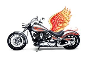 Low rider grey motorcycle, flames, angel wings tattoo idea