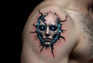 A shattered robotic mask revealing human skin underneath, glowing in dark gunmetal, blue, and black shadows include shadowing tattoo idea