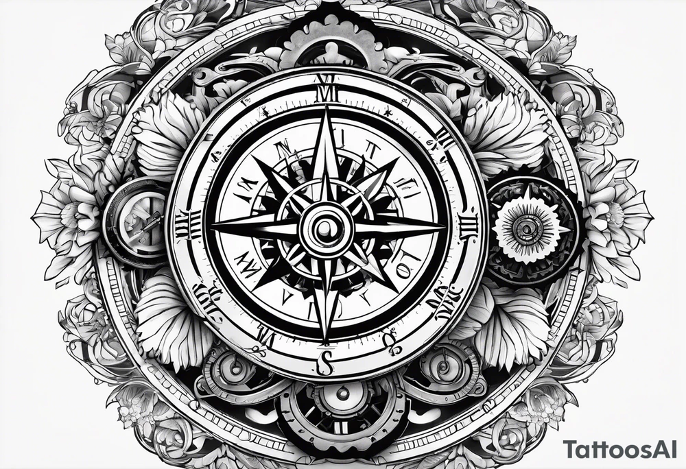 A Vintage compass with gears and marigold flower behind it. tattoo idea