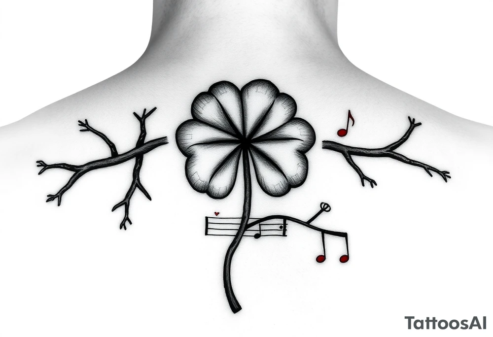 want a medium-sized tree branch as the base. On top of the branch, I want a four-leaf clover that looks like it’s cracking a bit, Around the clover, I want music staff lines forming a neat circle, with little musical notes 🎶 going around it. Then off to the side, I want the quote: ‘Nothing changing, nothing will change. And the picture below I just want the designs with red  and the little dots and little music notes 


•	Tree branch (main shape)
	•	Cracked clover (on top)
	•	Circle of music lines with music notes (around it)
	•	then Quote on the side tattoo idea