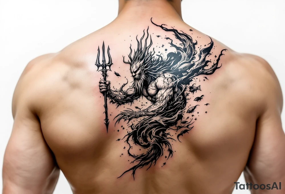 powerful poseidon with trident, surrounded by water and marine life tattoo idea