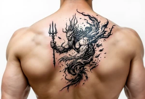 powerful poseidon with trident, surrounded by water and marine life tattoo idea