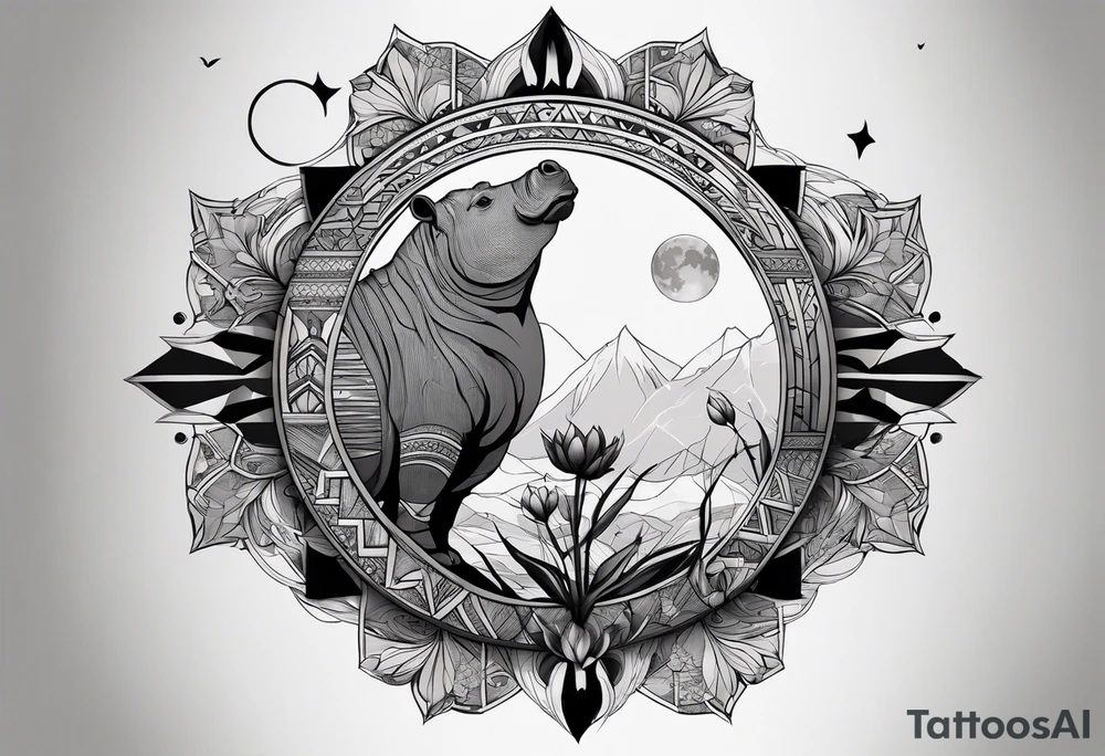 Very asymmetrical, +geometric pattern, with realistic full moon, with hippo at side look, +tribal, +geometric, +inkart , +blackwork, +grey scale, + sketch
with wintersweet flower bud, +inkart touch, +for men, detailed , combined favourite tattoo idea