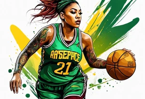 female basketball player with colors green, yellow, maroon and black tattoo idea