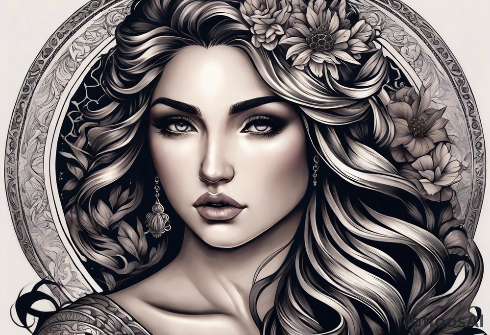 A full tattoo sleeve inspired by Greek mythology, featuring a dark and moody aesthetic with extensive shading. The centerpiece of the sleeve is the Greek goddess Aphrodite, depicted with classical beauty and grace, surrounded by intricate details that emphasize her divine nature. Her flowing hair and robes blend seamlessly into the surrounding elements. Incorporate a mandala effect around Aphrodite, with the mandala patterns subtly woven into the design, adding layers of complexity and depth. The overall theme should be dark, with heavy shading to create a dramatic contrast, evoking a sense of ancient mystery and reverence. The sleeve should also include other mythological elements such as laurel wreaths, classical columns, or ocean waves, to complement Aphrodite’s story and enrich the overall design. The design is for a man and should be masculine. tattoo idea