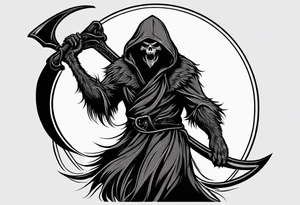 A werewolf face that is the grim reaper holding a scythe tattoo idea