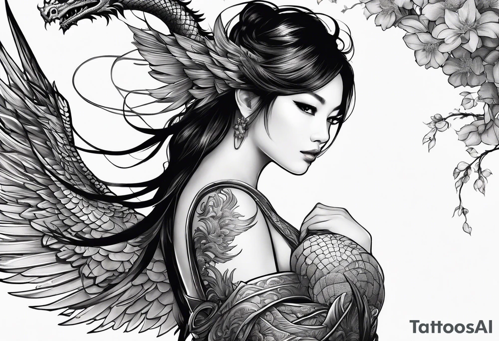beautiful warrior nymph with large wings coming out of her back and a dragon in the background tattoo idea