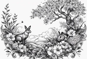 Floral with leaves tree and small animals tattoo idea
