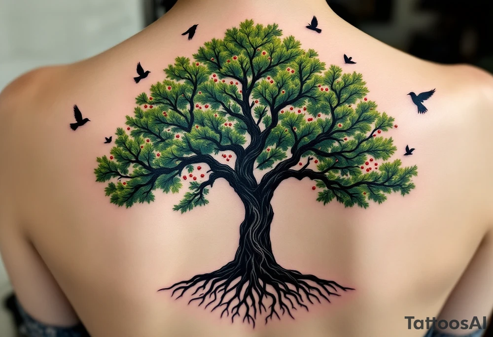 Slavic Tree of Life — A large oak tree with roots intertwining in black and branches stretching in vibrant green, filled with tiny red berries and birds flying around the crown. tattoo idea