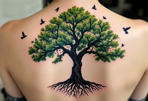 Slavic Tree of Life — A large oak tree with roots intertwining in black and branches stretching in vibrant green, filled with tiny red berries and birds flying around the crown. tattoo idea