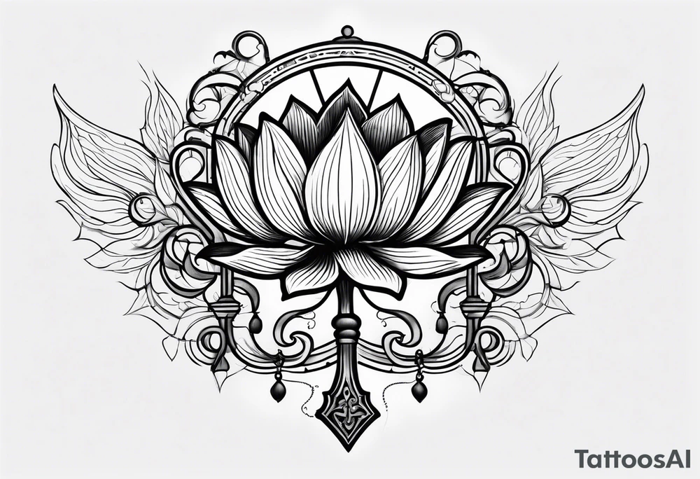 Treble key with lotus flower entangled in a scale of justice tattoo idea