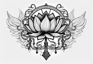 Treble key with lotus flower entangled in a scale of justice tattoo idea