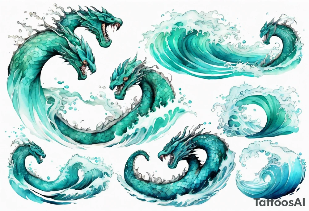 a beautiful turquoise sea serpent emerging from an ocean wave, crashing onto the shore tattoo idea