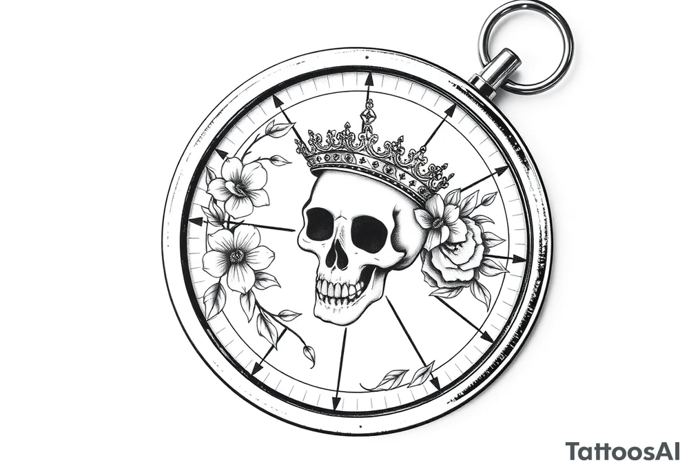 Compass with detailed beautiful gothic boho flowers on vine and skull with gorgeous crown tattoo idea