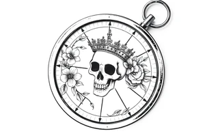 Compass with detailed beautiful gothic boho flowers on vine and skull with gorgeous crown tattoo idea