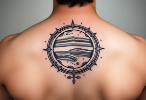 Jupiter with rings tattoo with tiny stars add sagittarius bow and arrow and the zodiac sign of fire tattoo idea