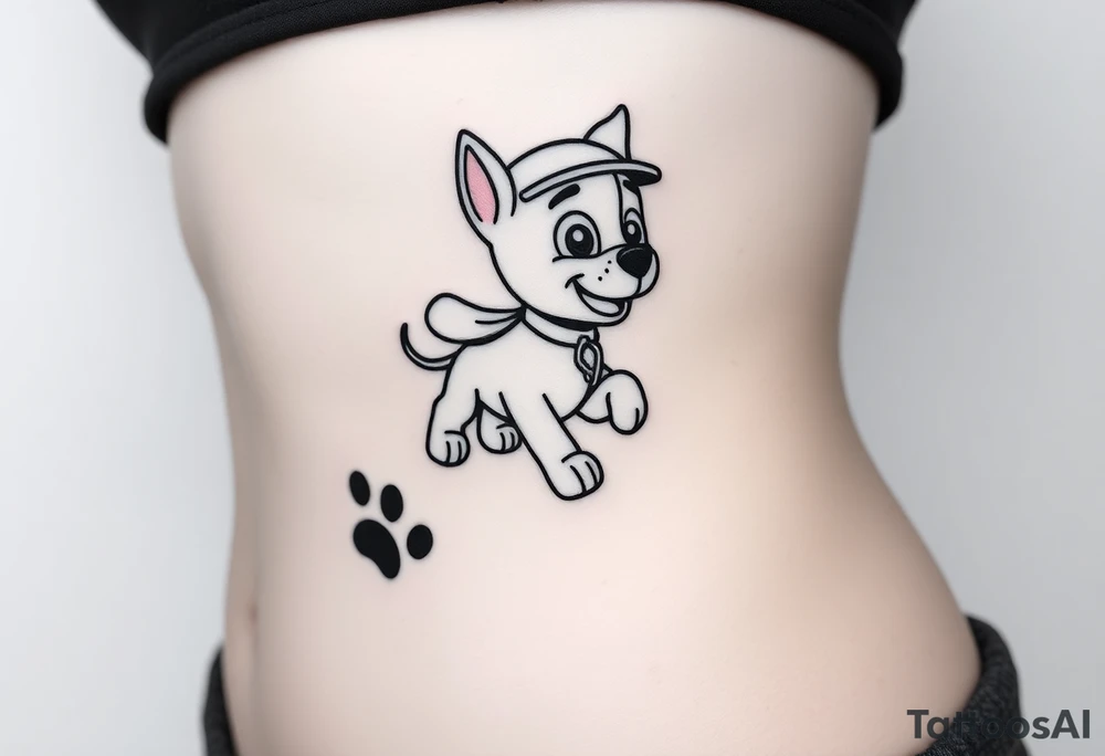 Walking away Paw Patrol member leaving a realistic textured paw print behind him. tattoo idea