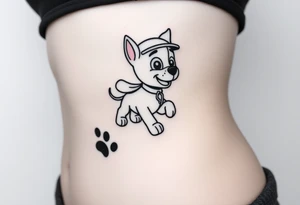 Walking away Paw Patrol member leaving a realistic textured paw print behind him. tattoo idea