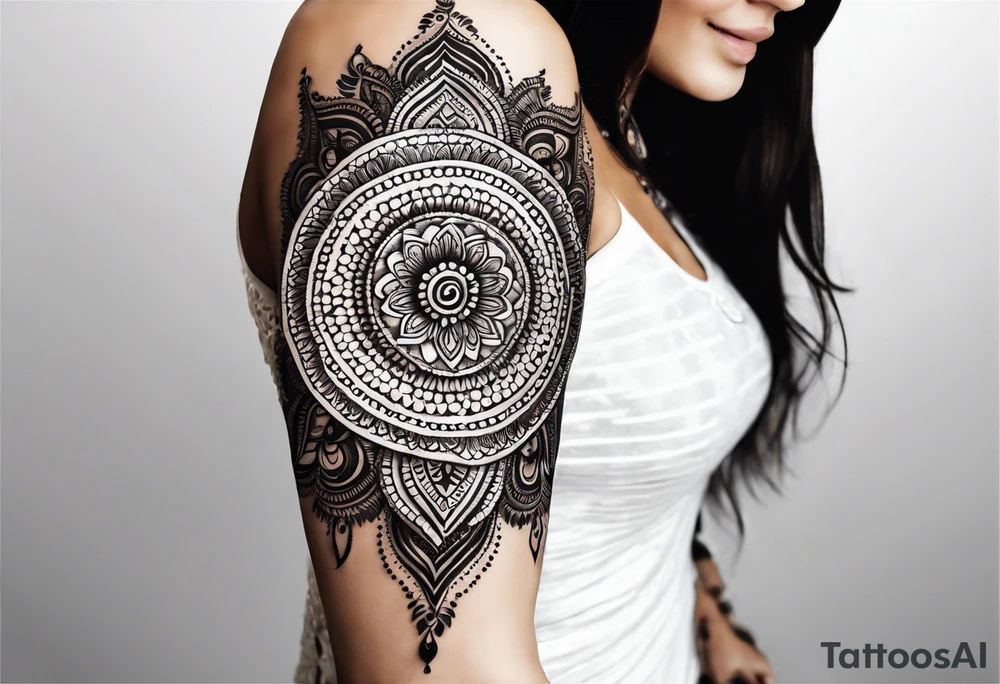 Full arm mandala henna female tattoo design with mushroom henna at shoulder tattoo idea