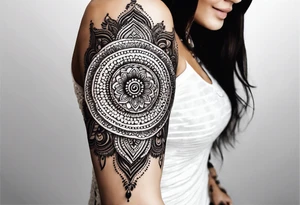 Full arm mandala henna female tattoo design with mushroom henna at shoulder tattoo idea