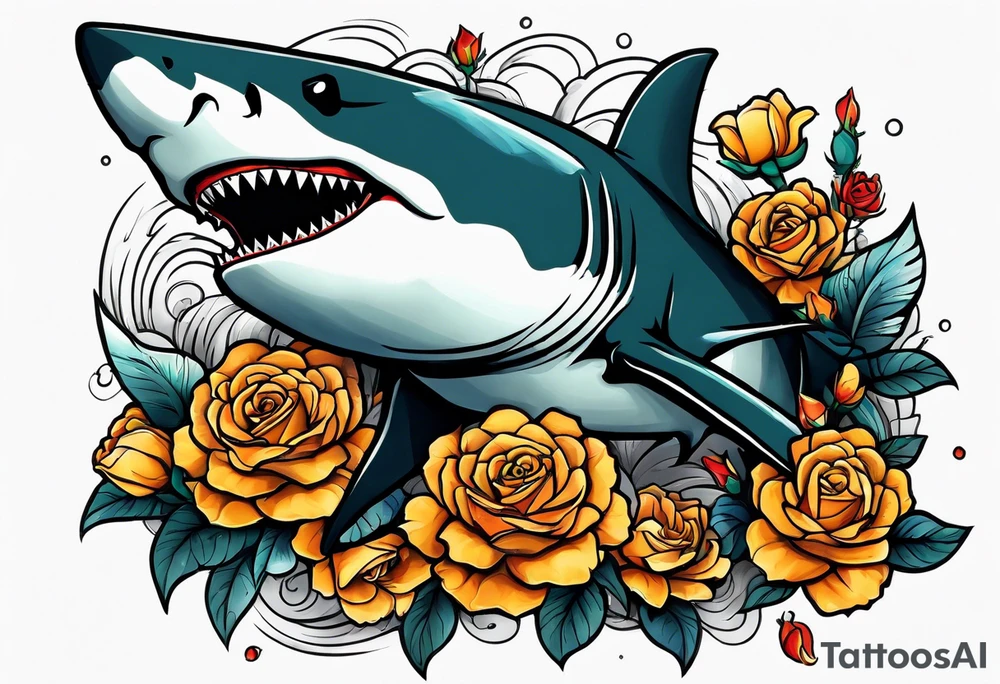 A fierce shark 
swimming upwards on a forearm, surrounded by vibrant roses, marigolds, and scattered shurikens. Include subtle shading and water elements for depth and movement. Flowers (roses, marigolds) should organically frame the shark and potentially wrap around its body. tattoo idea