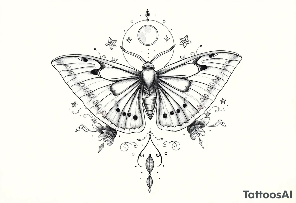 Delicate Luna moth surrounded by celestial accents tattoo idea
