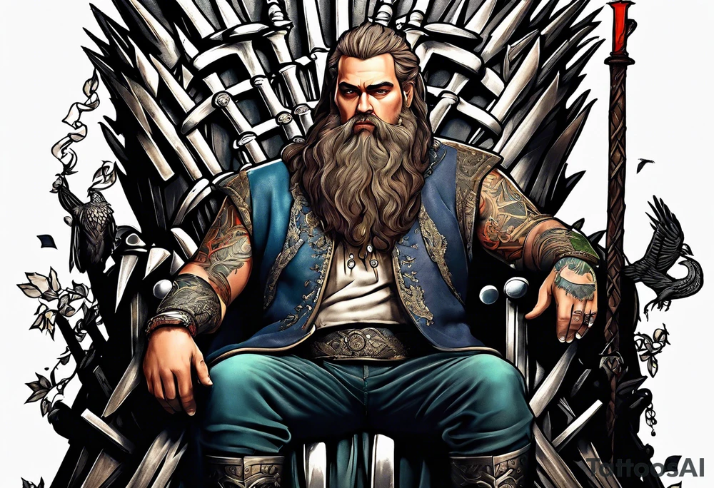 Large man carrying bags of money to a thin German man sitting on an iron throne tattoo idea