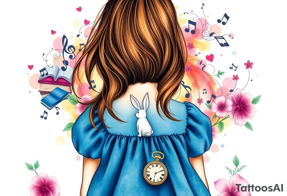 Back view of the silhouette of a brown hair girl in a blue dress. She is following a small white rabbit towards a magical colorful swirl of music notes, books, and flowers. A pocket watch is at the end of the swirl. tattoo idea