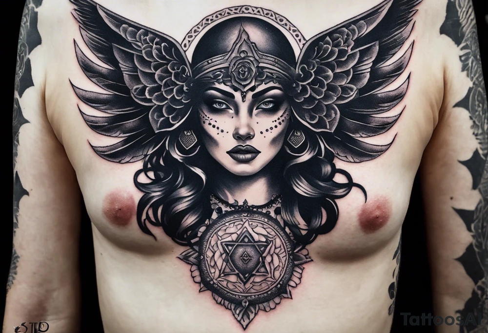 black kali, goddess pirate, alien, angel, pachamama, valkrye, warrior, flying, skull, lotus azul, wing, eagle, zenza resonance, stars, 5D, anahata chakra, death, durga, riding on a tiger, flying lady, chest tatoo tattoo idea