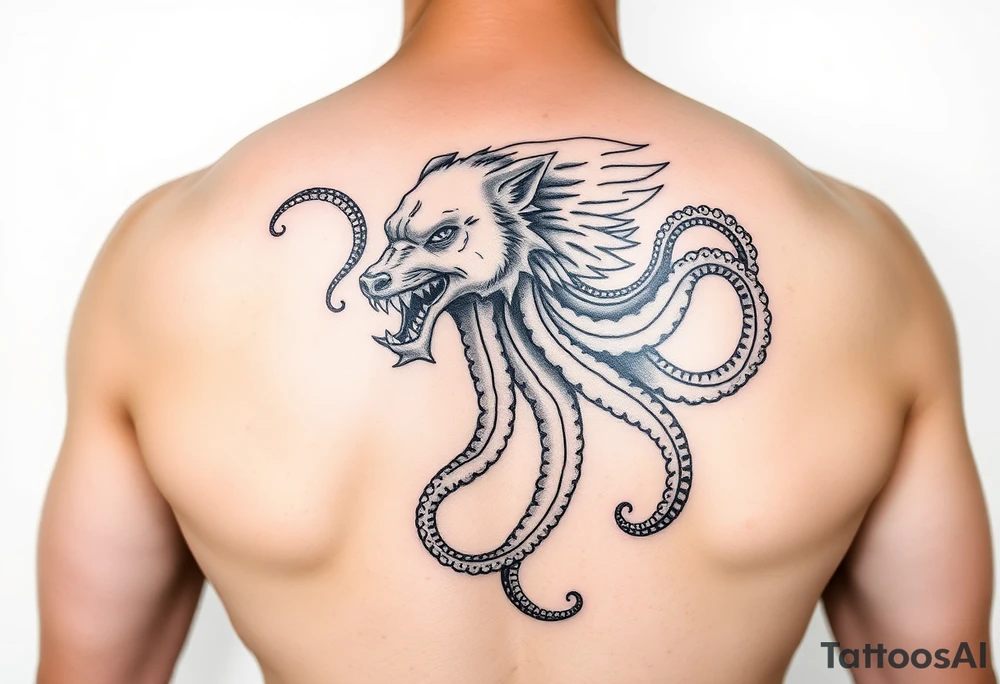 Fantasy Wolf octopus in the arm tattoo idea